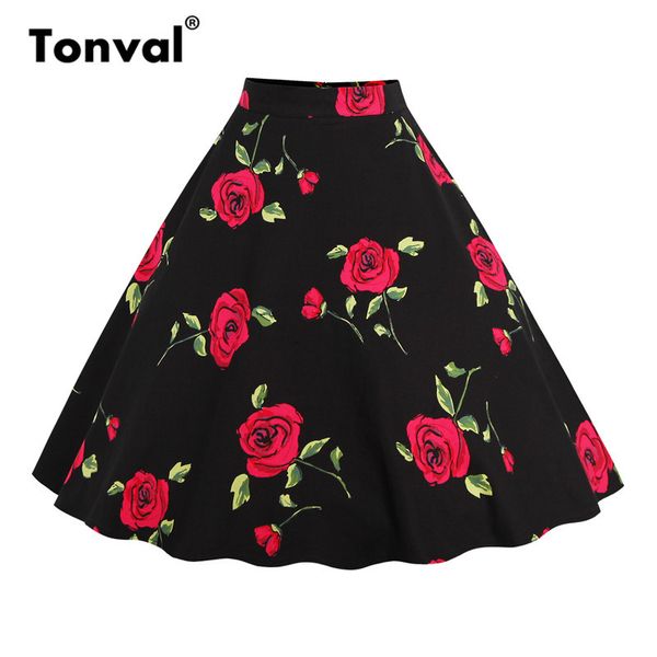 

tonval floral vintage plus size swing skirt retro flowers print midi skirts womens high waist cotton a line skirt, Black;gray