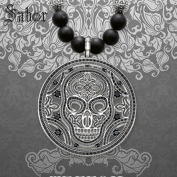 

strand long necklace skull mask obsidian bead, fashion 925 sterling silver jewelry cross punk gift for men women boy