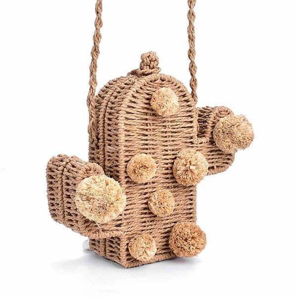 

2019 new beach bag cactus rattan bag straw summer bags with pom pom women messenger handbag braided