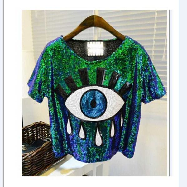 

women's t-shirt 2021 sequin big eyes printed costume performance wear hiphop hip-hop paillette short-sleeve, White