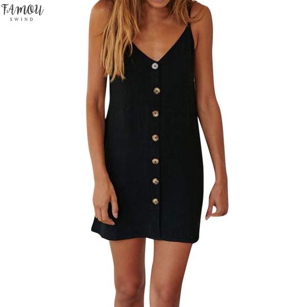 

женщины повседневной мини платье кнопка передней v шея лето сдвиг платье без рукавов твердой 2020 девушки короткого платье #l, Black;gray