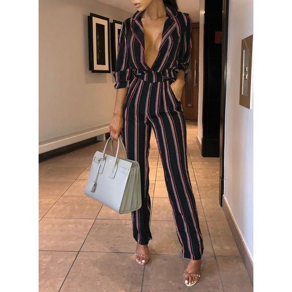 

nice women stripe v-neck belt long playsuit jumpsuit with pockets for summer 88, Black;white
