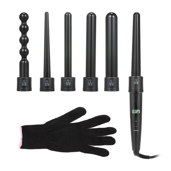 

6 in 1 hair curling iron set interchangeable curls waves wand set auto-off tourmaline ceremic aluminum curling wand with glove