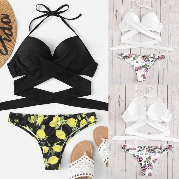 

fashion summer beach women bikini padded solid black white bandage swimwear print bottom bathing beachwear swimsuit, White;black
