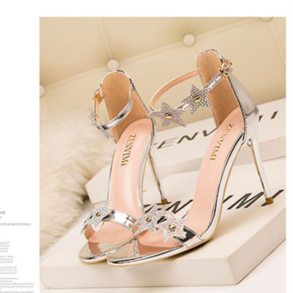 

fashion women shoes high heels ankle strap woman sandal shiny stars ladies heels silver sandals 10cm party shoes, Black