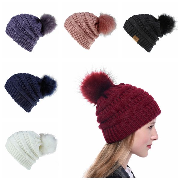 Женская мода зима теплая вязания шапочки Cap копия лисы Мех Pom Knit Hat Череп твердый чистый цвет вязание шляпы