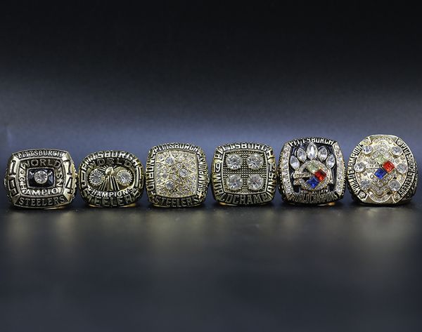 

6шт / комплект 1975 1978 1974 1979 2005 2008 чемпионат мира по футболу pittsburgh кольца оптом бесплатная доставка золото, Golden;silver