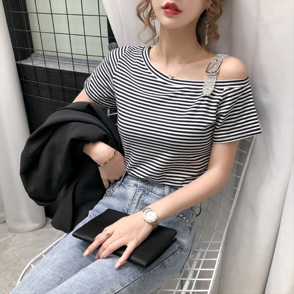 

полосатые женщины короткого рукав 2020 одна линии воротник менее топ универсальной полурукав t- базовой футболки плечевого ремня плечевого р, White