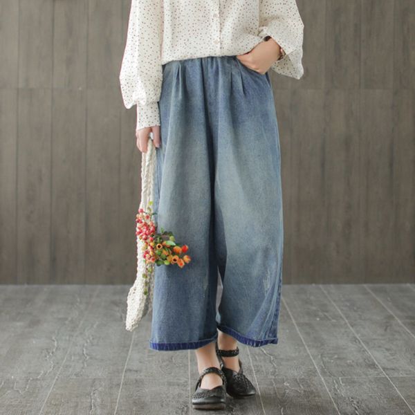 

johnature casual новый стиль хлопка женские джинсы ретро широкий ноги брюки 2019 весна сыпучие литературные упругие талии женские джинсы, Blue