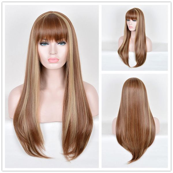 2019 Blunt Bangs Long Wigs Straight Brown Mixed Highlights Hair