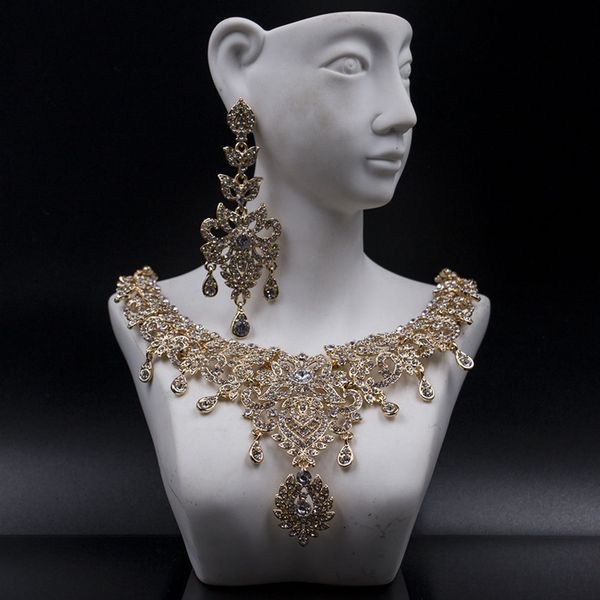 

african bride jewelry deluxe set female oversized crystal personality necklace earrings set wedding jewelry, Silver
