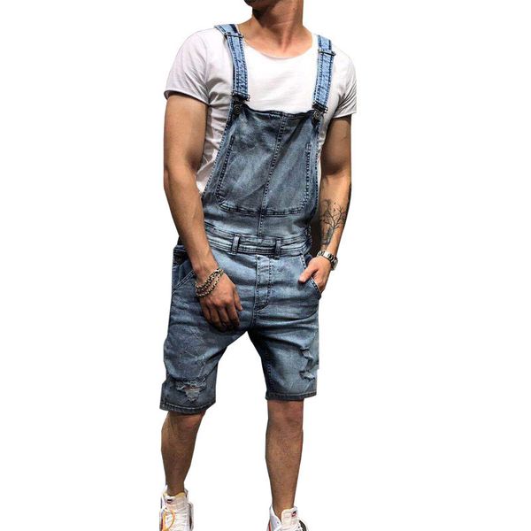 

kimsere fashion men ripped short jeans jumpsuits hi street distressed denim shorts bib overalls with holes suspender pants, Blue