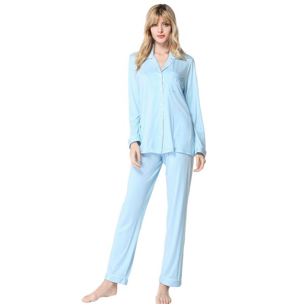 

v-neck two-piece women lapel long-sleeved home service loose comfortable pajamas, Blue;gray