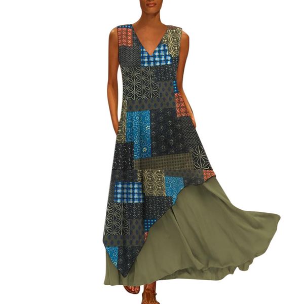 

dress women summer 2019 dress women fashion plus size vintage v neck splicing floral printed sleeveless maxi dress y605, Black;gray