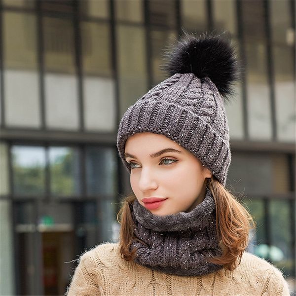 

winter women hat scarf set 2 pieces outdoor knitted hat ring scarf set warm plush lining thick female ski hairball, Blue;gray
