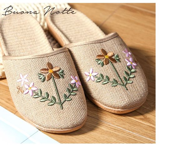 

new women breathable flax indoor slippers embroider floral linen home flat shoes ladies summer non-slip beach slippers, Black