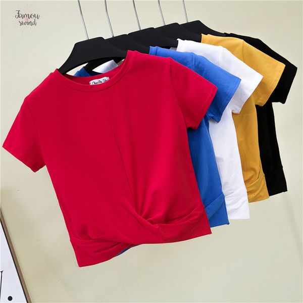 

футболка crop top summer cross топ с коротким рукавом o шеи твердой футболки хлопка высокой талией форма тонкого camiseta, White