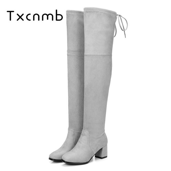 

txcnmb 2018 women boots short plush over the knee boots slim look square high heels out door winter ladies shoes size 34-43, Black