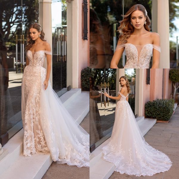 

2020 mermaid wedding dresses off shoulder lace appliques beads bridal gowns custom made backless detachable train robe de mariee, White