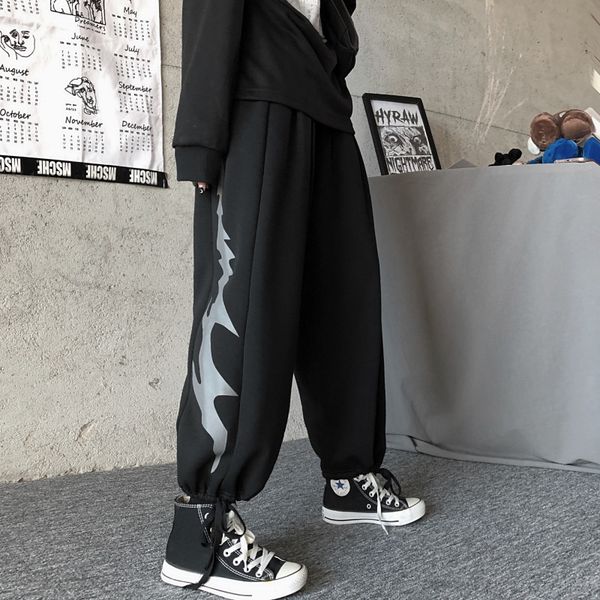 

lychee girls print women jogger pants casual loose autumn lady bottoms elastic waist drawstring female trousers, Black;white