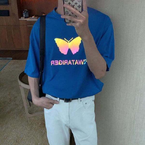 

fashion reflective butterfly print men's short sleeved t-shirt summer trend new loose street hip hop couple shirt cool t-shirt