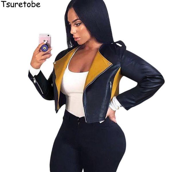 

tsuretobe patchwork faux leather jackets women moto pu leather coat ladies long sleeve autumn black outerwear zipper female