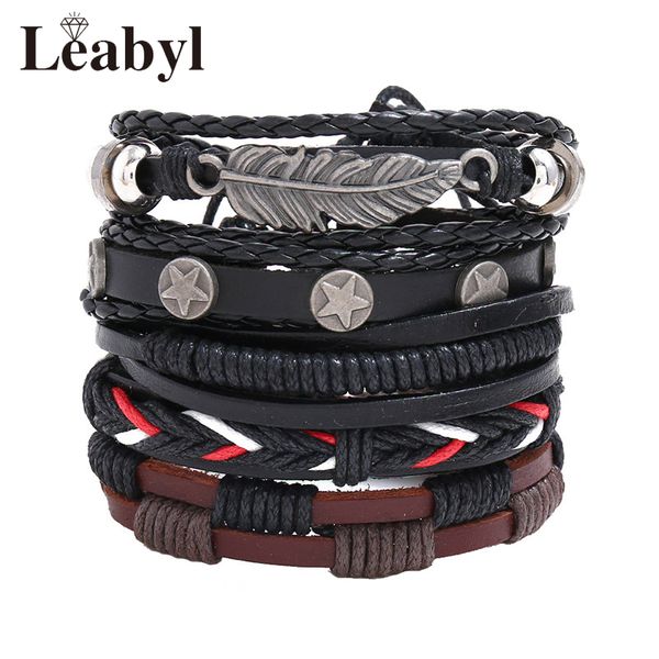 

leabyl casual classic handmade cowhide leather strap punk men bracelet set diy braided leaf charm vintage wrap bracelet for men, Golden;silver