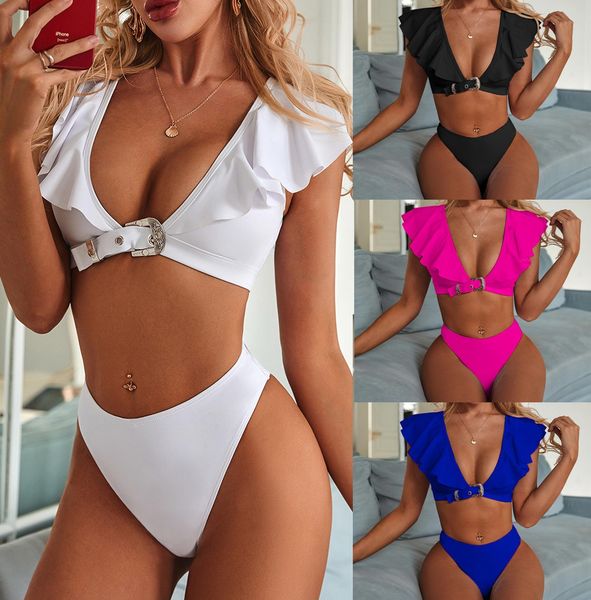 

2020 new bikini european and american ladies split swimsuit metal buckle ruffled v-neck biki bikini 2088, White;black