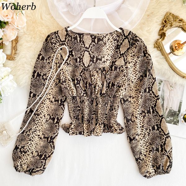 

woherb long sleeve crop shirt women vintage snake print blouse slim-waist ladies 2020 new modis woman clothes 23879, White