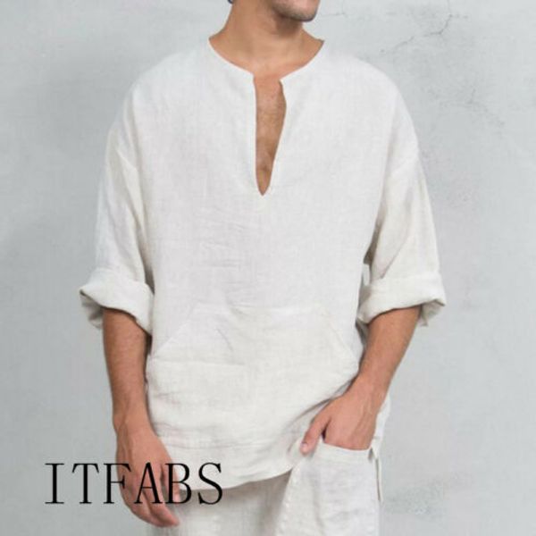 Men Long Sleeve Cotton Linen Shirt Loose Summer Casual V-Neck National style Shirts Tops Plus Size 3XL Solid Blouse Tee