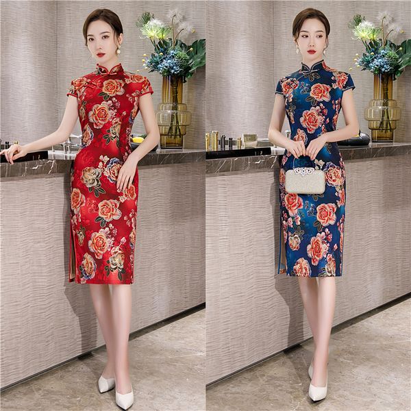 

5xl sexy сатин женщины китайский платье бронзировать печати цветка cheongsam платье элегантный мандарин воротник qipao, Red