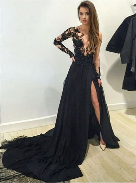 

vintage lace prom dresses high neck lace appliques tulle side split cocktail party gowns zipper back floor length formal evening dresses, Black