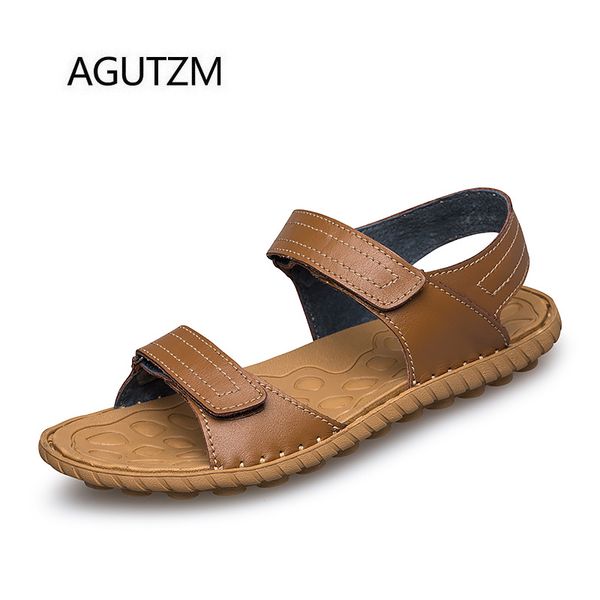 

agutzm 5005 new summer fashion hook & loop lightweight 100% genuine leather men's sandals shoes size : 37 - 45, Black