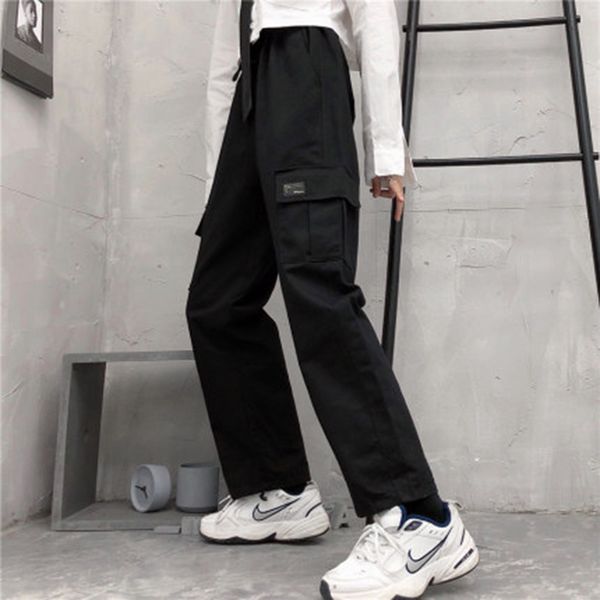 

брюки женщина сплошной простое все матч корейского straight harajuku кармана pant женщины высокого качество bf брюки chic, Black;white