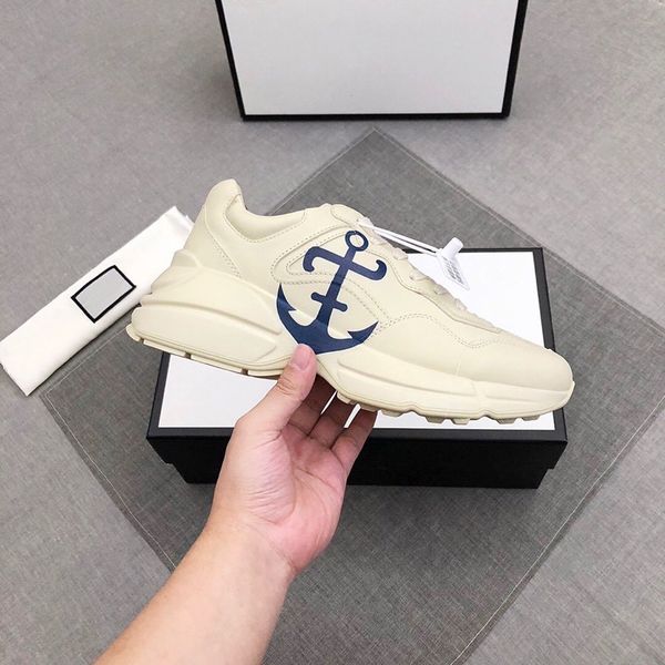 

calf white leather women men lovers designer anchor hook sports print lace up sneaker shoes athletic trainers rubber sneaker size 35-46, Black