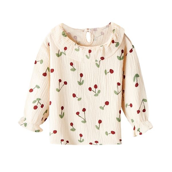 

cherry autumn baby girls cotton cherry pattern t-shirt blouse long sleeve children casual turn-down collar shirts for 2-8t, Blue