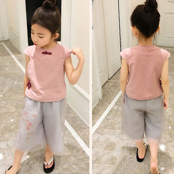 

chinese traditional kids summer suits retro linen blouse +mesh flower capri pants 2pcs baby chic cosutme princess girls hanfu, White