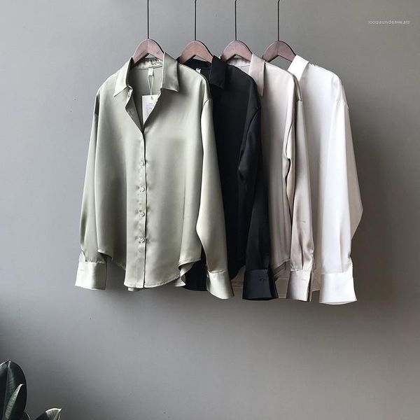 

solid color temperament loose shirt fashion long sleeve lapel neck casual clothing famale designer shirt ladies, White