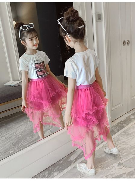 

fashion summer new children's stitching mesh skirt suit summer children's skirts childrens princess dress two-piece, White
