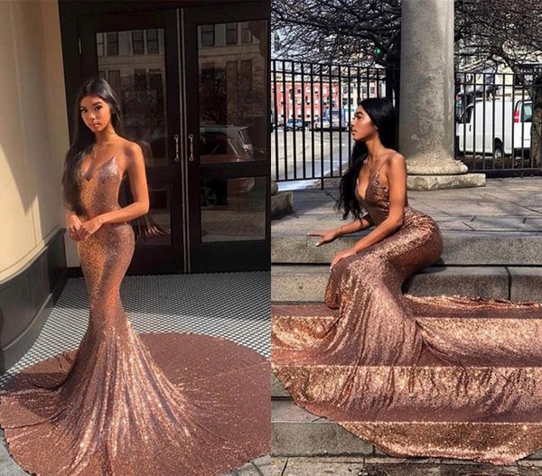 Longo Rose Gold Lantejoulas Vestidos de noite Sereia cintas de espaguete Backless graduação férias desgaste formal Tamanho Partido Prom Vestidos Além disso,