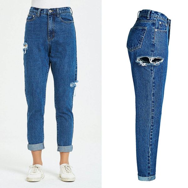 

новое прибытие женские роскошные дизайнерские джинсы женские релакс прямые джинсы женщины высокой талией джинсовые брюки мода натяжные гарем, Blue