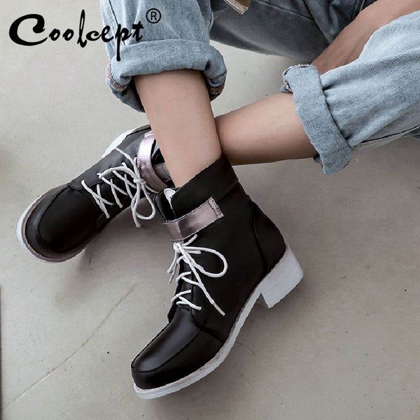 

coolcept plus size 34-46 pu leather fashion winter boots round toe buckle luxury stylish ankle boots zipper shoes woman footwear, Black