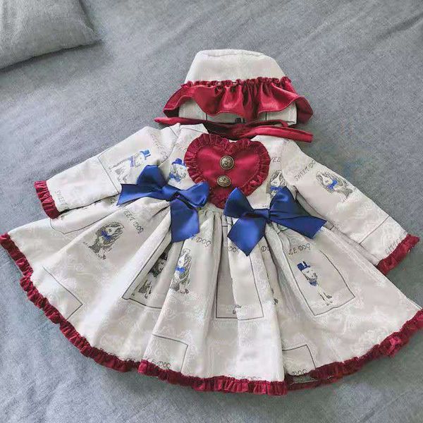 

2pcs 1-5y baby girld winter autumn wine dog print vintage spanish princess lolita dress with hat for girls casual party dress, Red;yellow