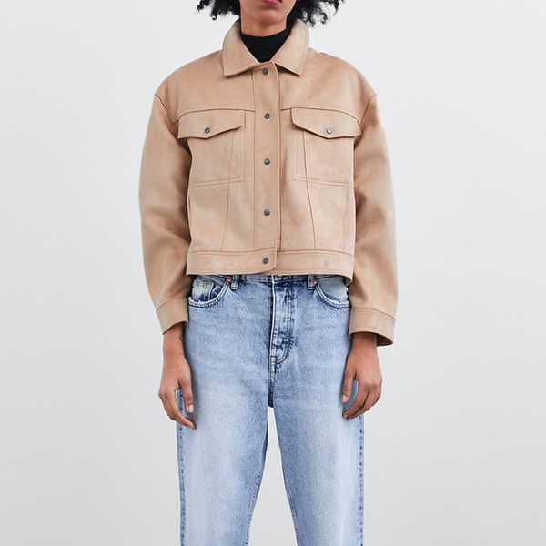 

overplus of goods exported to europe and us 2019 spring y two-color suede pocket decoration short women's suede coat, Black;brown