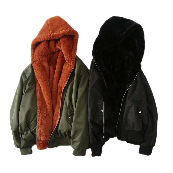 

europe style short jacket 2018 new autumn and winter two-side wear thick fur hooded zipper flight jacket female loose coat ns859, Black
