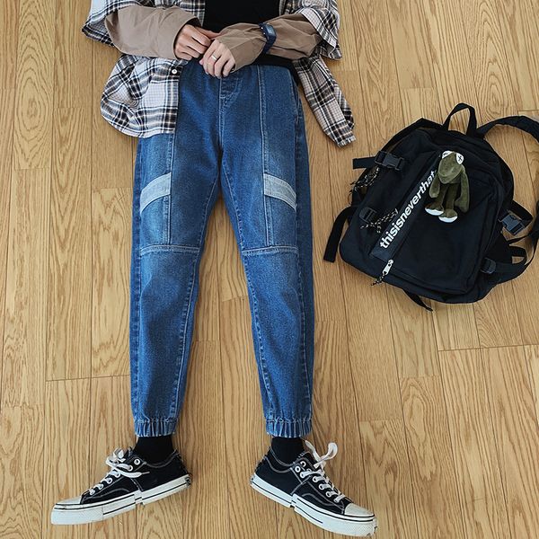 

2019 autumn fashion streetwear trend striped patchwork all-match leisure men blue jeans casual cotton loose cowboy pants -5xl