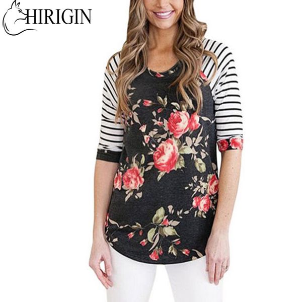 

autumn 2017 fashion women patchwork striped long sleeve floral t shirt round neck casual t shirts tees size s to xl, White