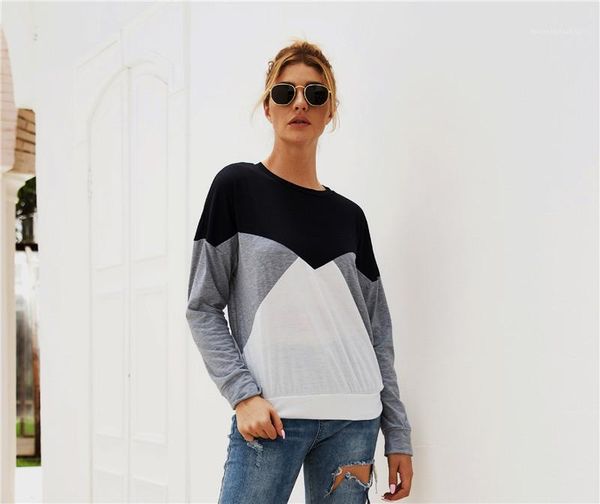 

long sleeve loose womens fashion pullover crew neck womens clothing multicolor panelled womens designer tshirts casual, White