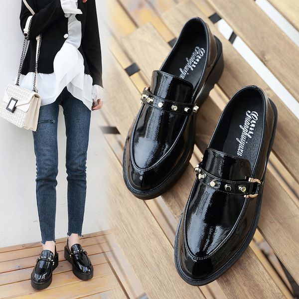 

rivet клин oxfords женщины повседневная кожа платформа мокасины патентный повышение обувь скольжения на насос черный дизайнер zapatos de muj, Black