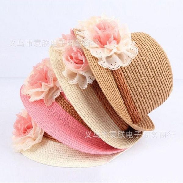 

new style summer korean-style girls straw hat rose flower princess hat children sun summer beach, Yellow